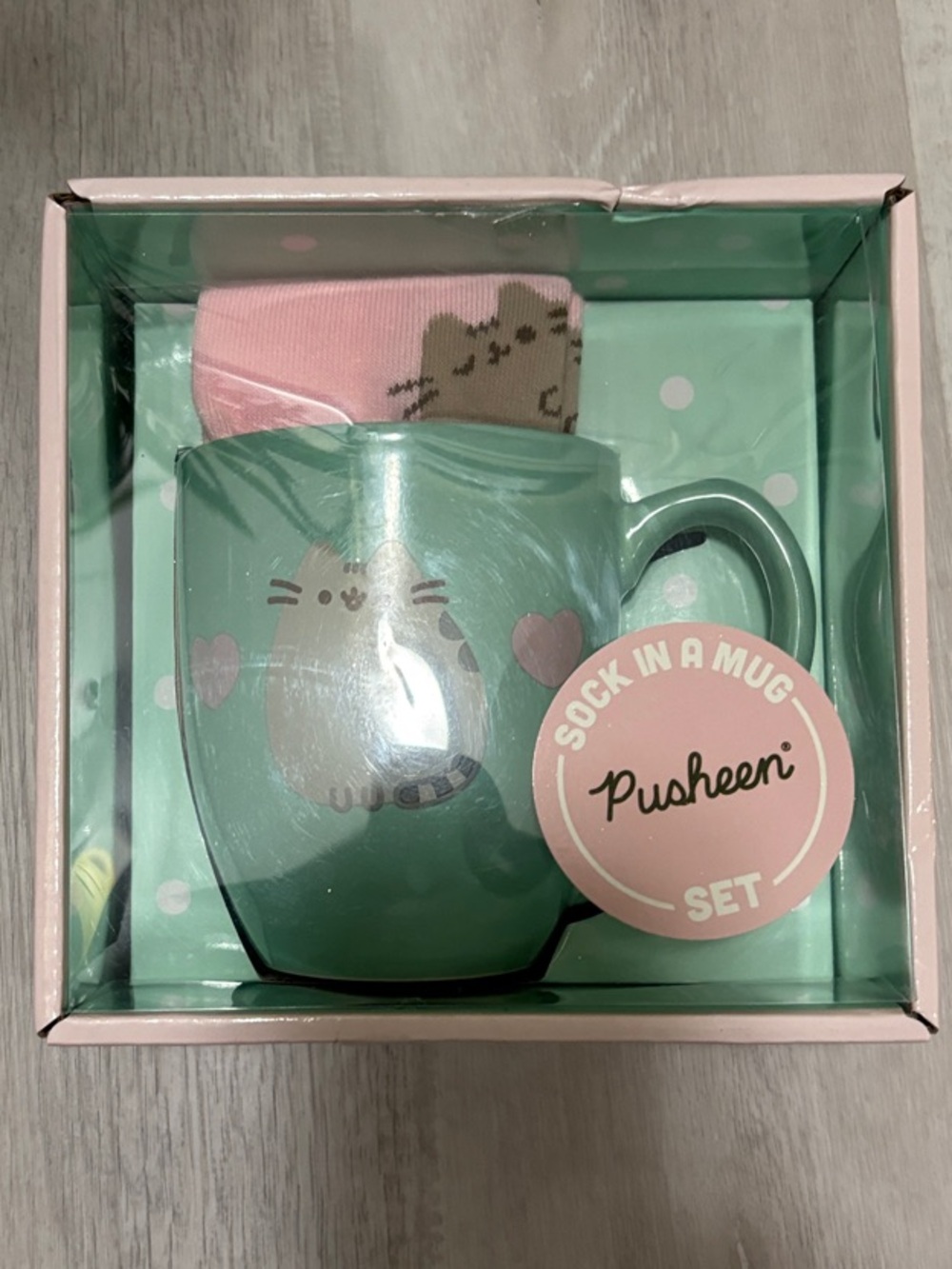 Pusheen Mint Green Ceramic Mug with Pink Cozy Sock Set.